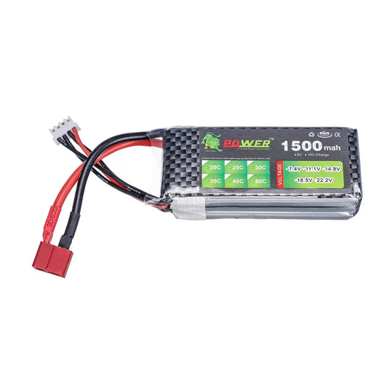 Lipo Battery 2S 3S 4S in various capacities including 1500mAh, 2200mAh, 4200mAh, and 5200mAh with T plug connector.