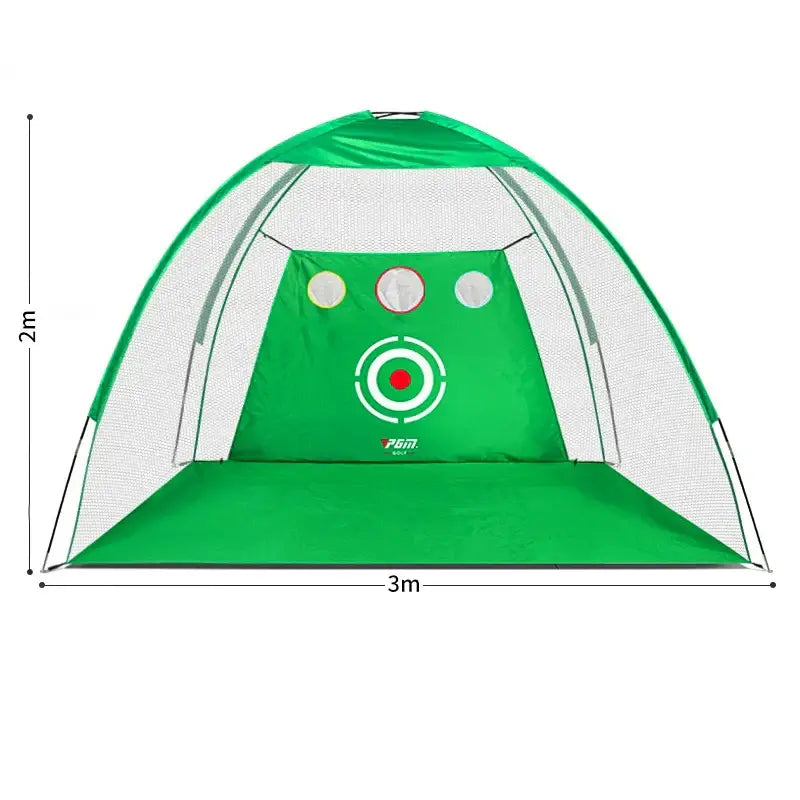 PGM 2 or 3m Indoor Golf Training Net Foldable Targeting Tent Cage with colorful targets and mesh sides.