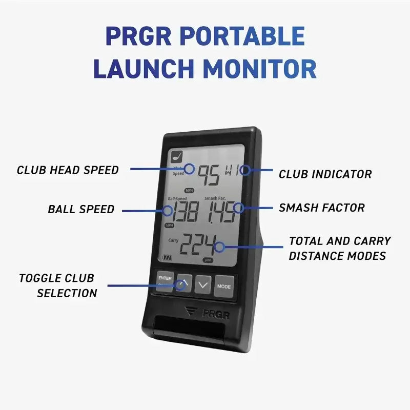 HS 130-A Portable Golf Monitor display showing club head speed, ball speed, smash factor and distance modes.