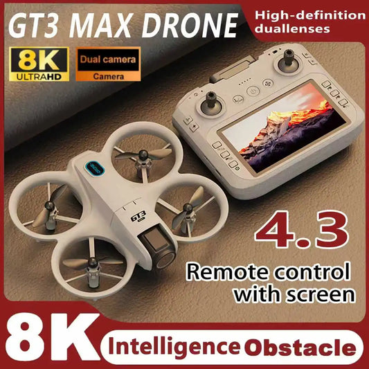 Drone GT3 MAX with remote control, showcasing dual camera features and 8K resolution for aerial photography.