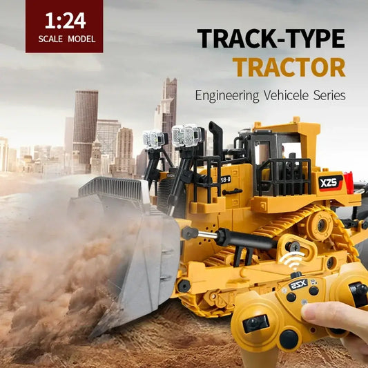 RC bulldozer remote control truck with track-type tractor features and remote controller.