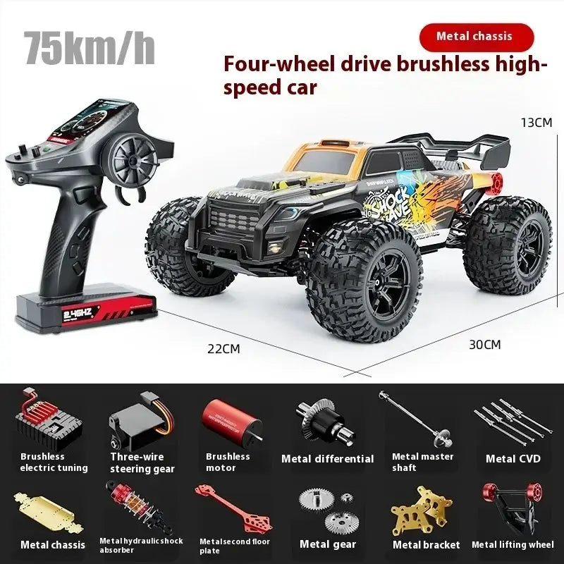 High-speed 4WD RC truck with metal chassis, reaching speeds of 75km/h and off-road capabilities.