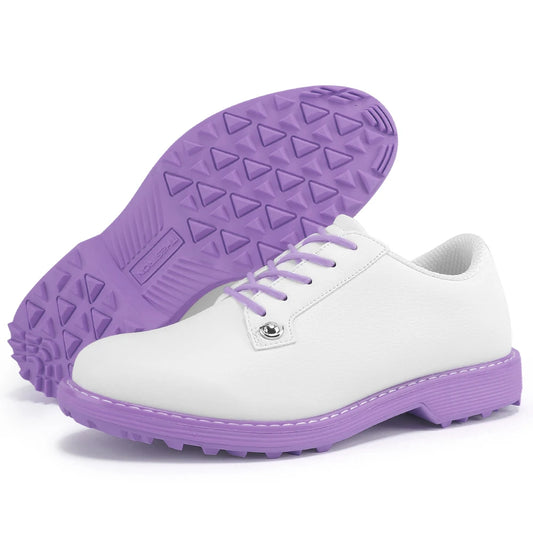 women's leather golf shoes in white with purple sole for comfortable golfer footwear.