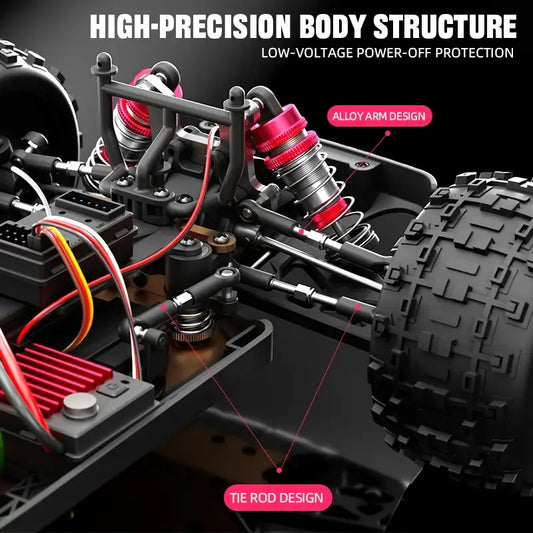 RC Car 90KMH High Speed Brushless Four-Wheel Drive showcasing high-precision body structure and alloy arm design.