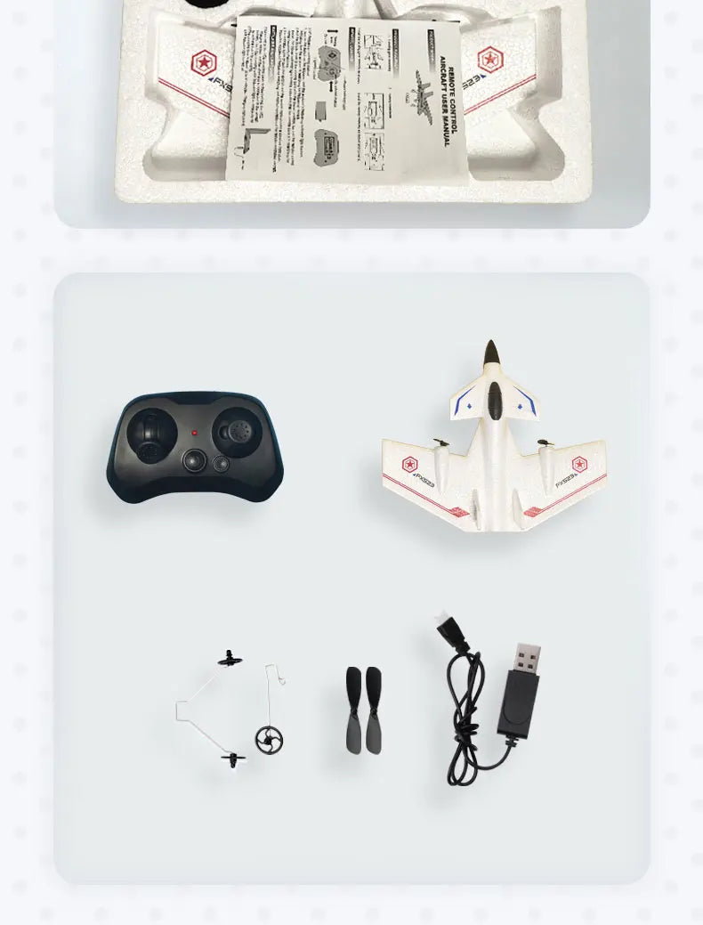 F-35 Fighter Jet EPP Material With Gyroscope remote control parts and accessories laid out on a table.