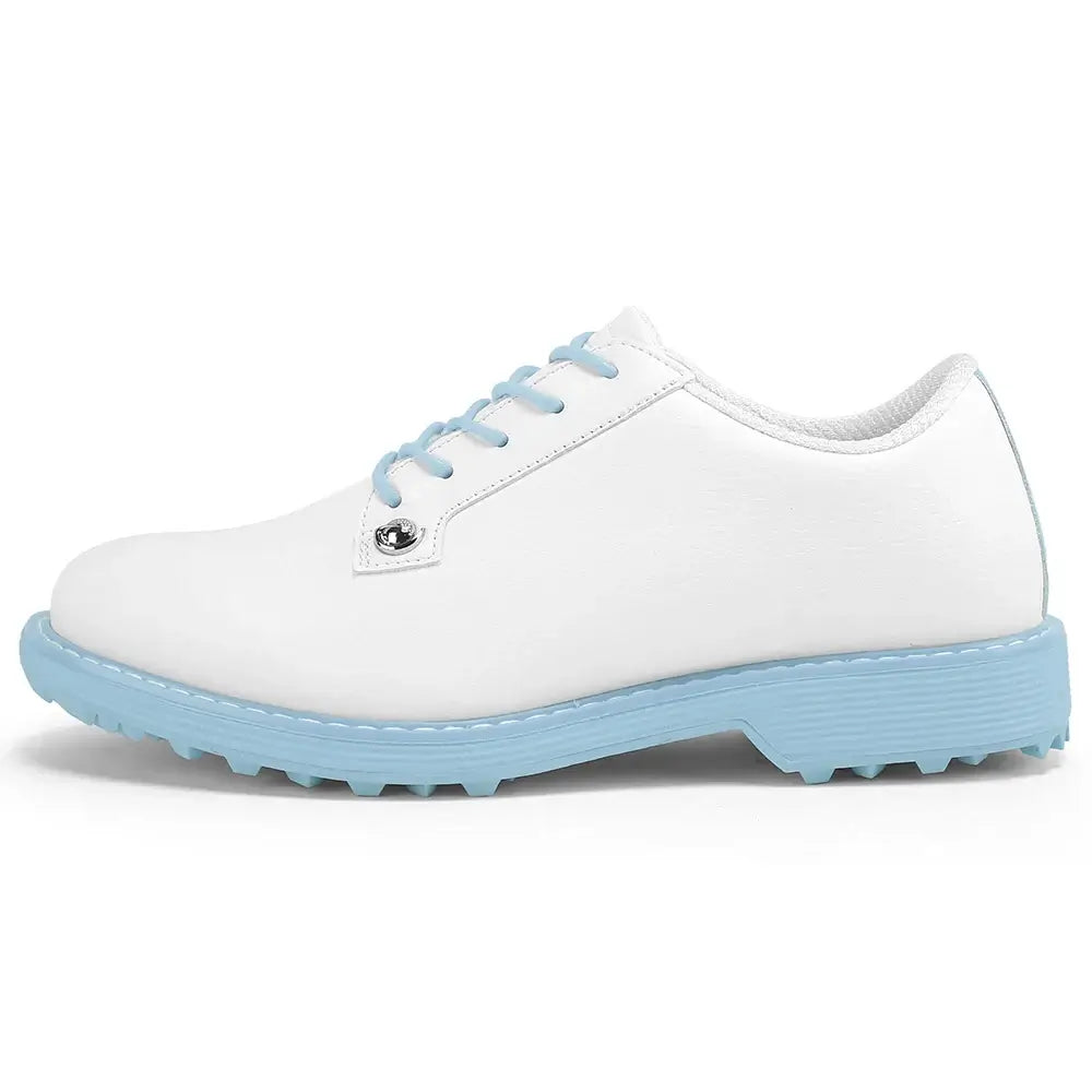 women's leather golf shoes in white with blue sole, designed for comfort and stability on the golf course.
