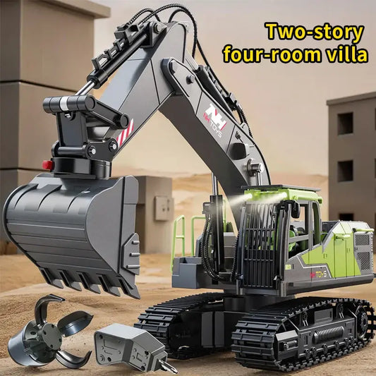 Remote Control Excavator Toys with two-story four-room villa design and accessories on display.
