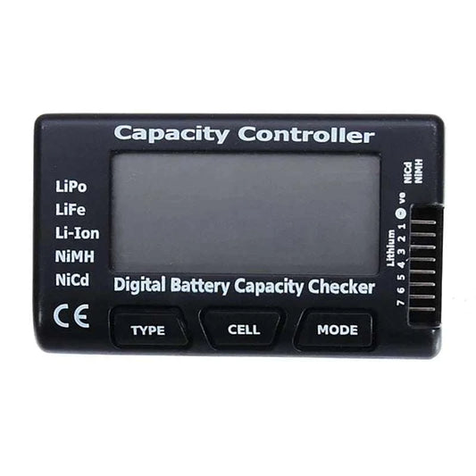 Cellmeter-7 Digital Battery Checker in black hard plastic with labelled display, TYPE, CELL and MODE buttons