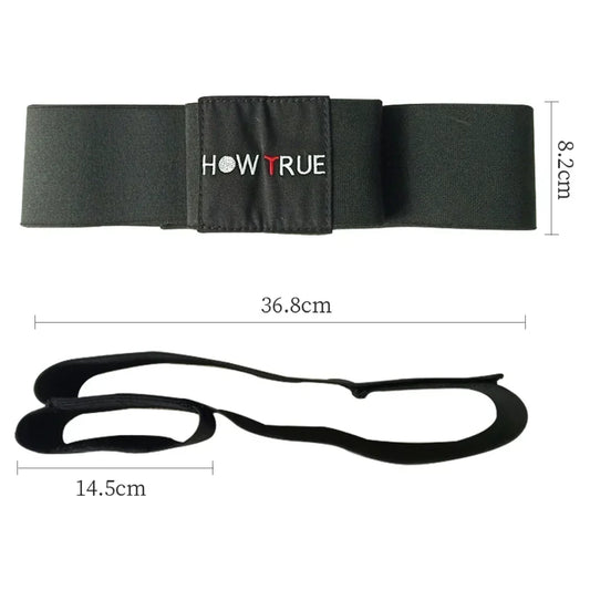 Golf Swing Training Arm Band in black elastic nylon with logo patch, designed for correct arm and posture alignment