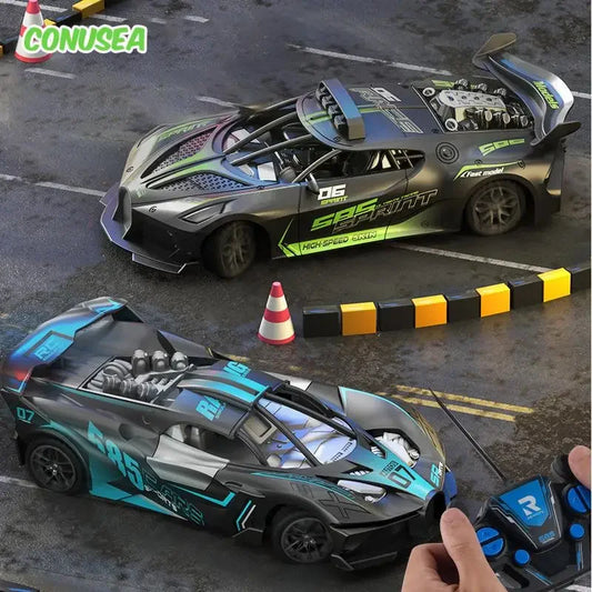 High Speed Drift Car remote control vehicles in black with green and blue accents, featuring sporty decals and aerodynamic designs