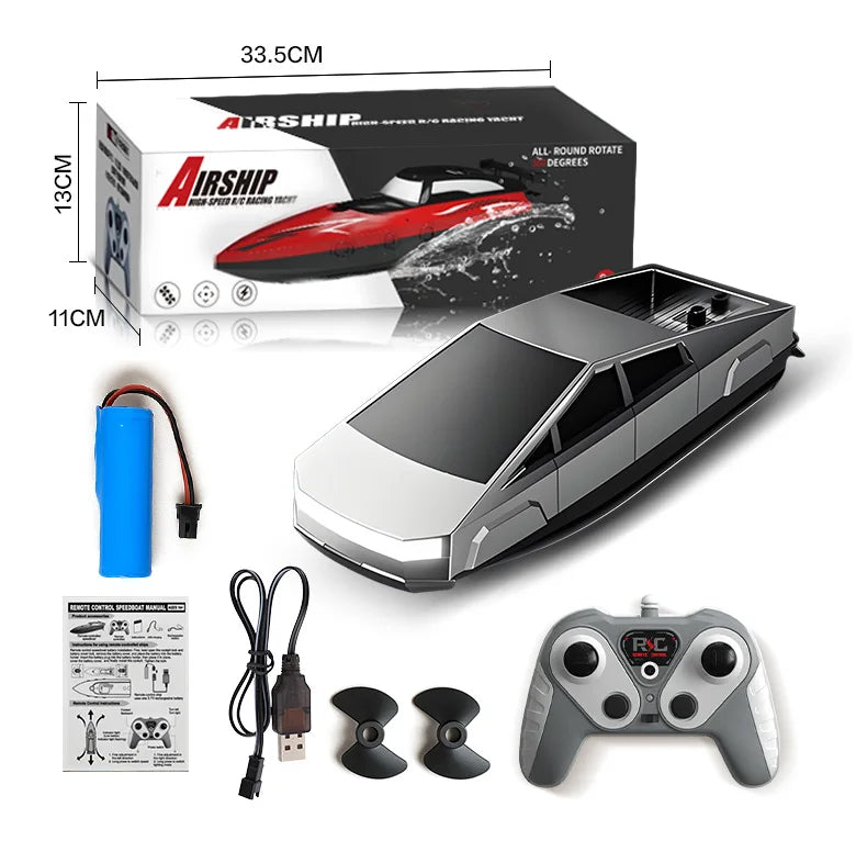 RC Boats Pool Toys waterproof remote control boat with sleek silver and black design, USB charger, two propellers, and grey controller