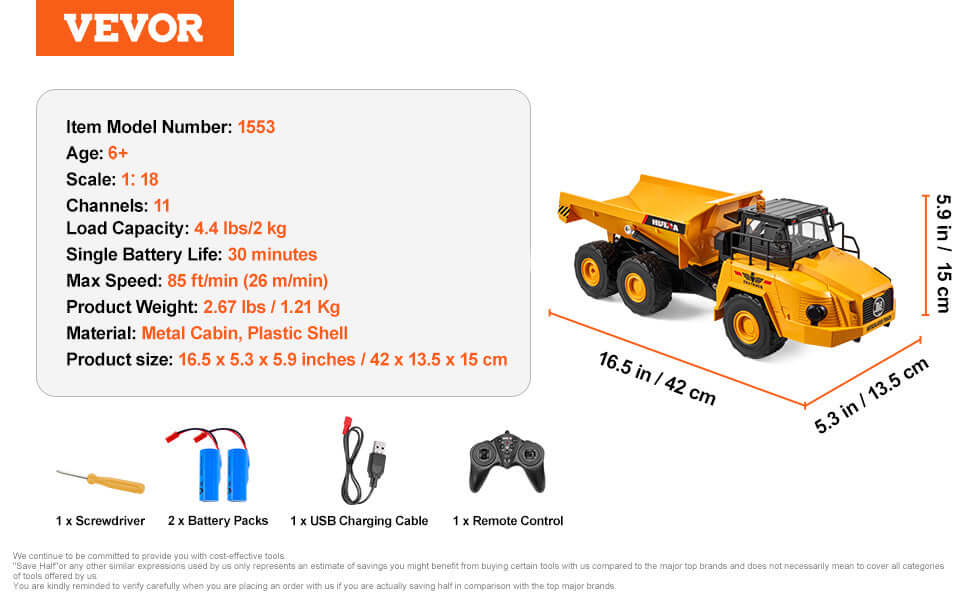 VEVOR RC Dump Truck Remote Control Car Children Toys Sportsman Specialty Products
