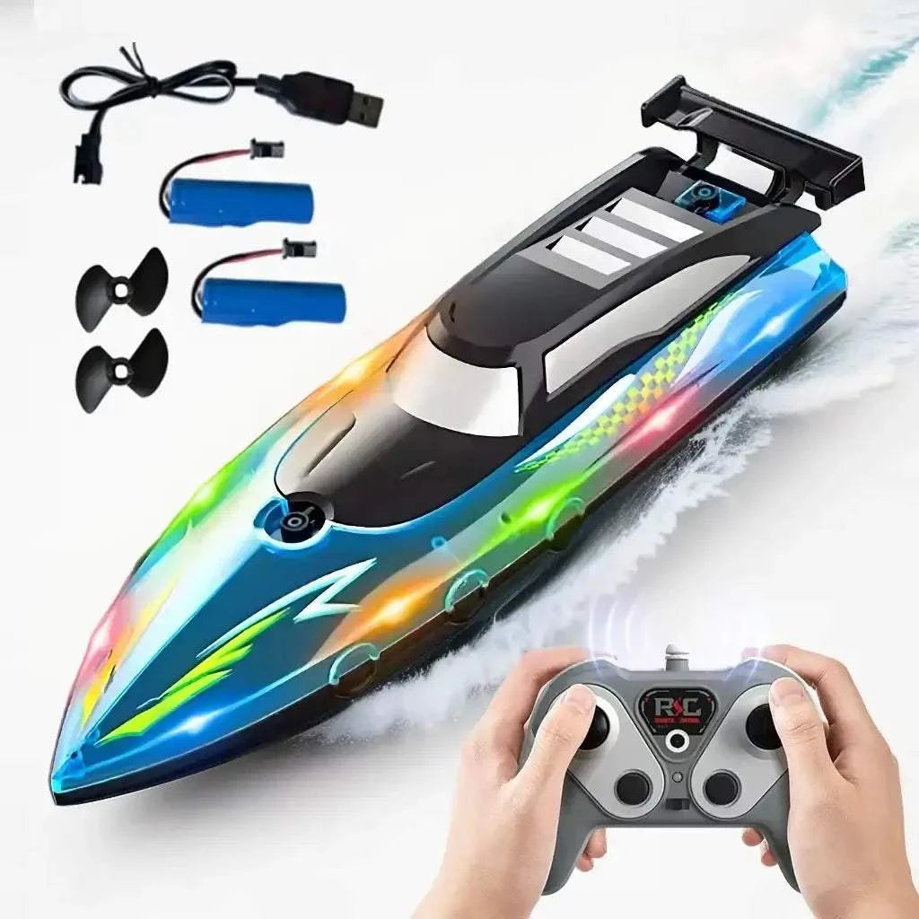 High speed remote control boat with LED lights, controller, batteries, and charger for thrilling water racing experiences.
