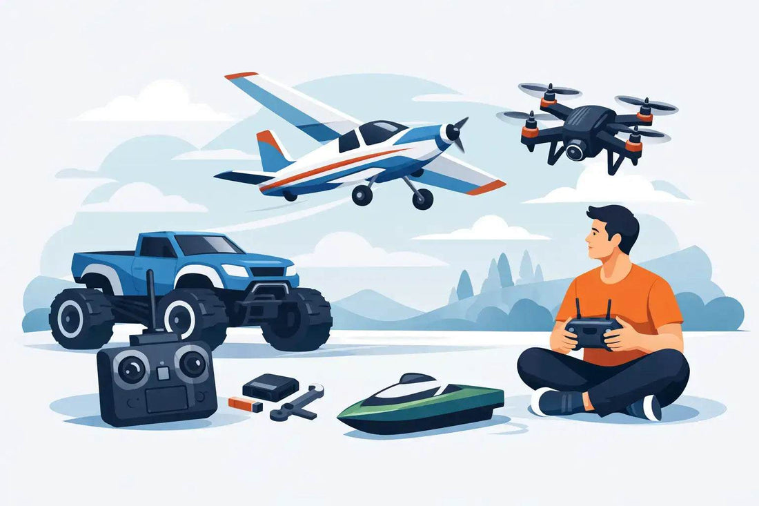 Adult RC hobby guide featuring a blue monster truck, white and blue plane, black drone, green boat and controllers