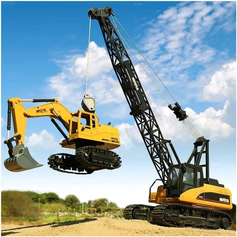 Construction cranes featuring yellow tracked excavator and black lattice boom crane with lifting cables