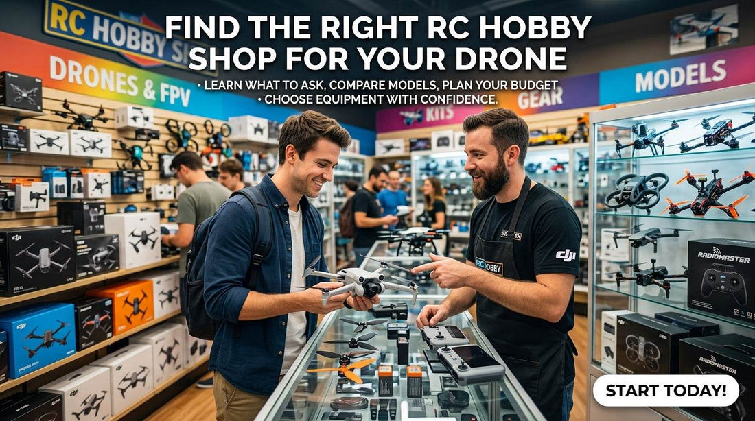 Drone with a light gray body and dark propellers displayed as two hobby shop staff discuss its features