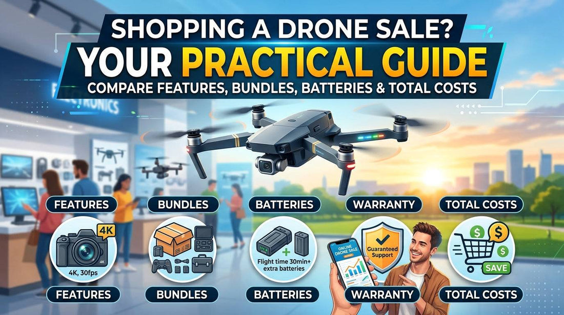 Drone shopping guide graphic with a gray folding quadcopter and feature icons for camera, bundles, batteries, warranty and costs