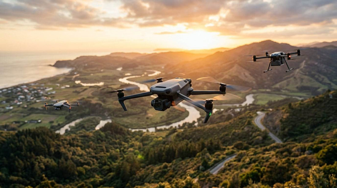 Drone flying at sunset over a winding river valley and forested hills with three quadcopter drones in flight