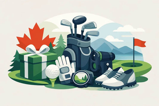Golf Gifts Canada collection featuring golf bag with clubs, golf shoes, glove, ball on tee, rangefinder, and wrapped gift box