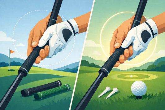 Illustration contrasting old worn golf grip with a fresh new black grip, showing hands holding the club on a green course