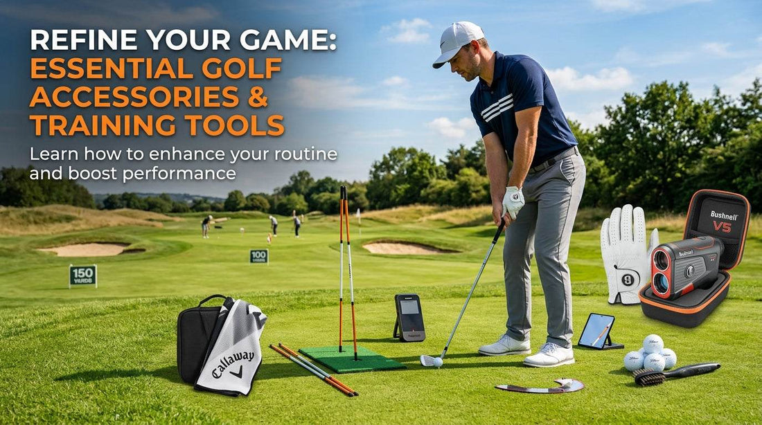 Golf swing trainer practice setup with a golfer using a club, alignment rods, training aids, gloves and golf accessories
