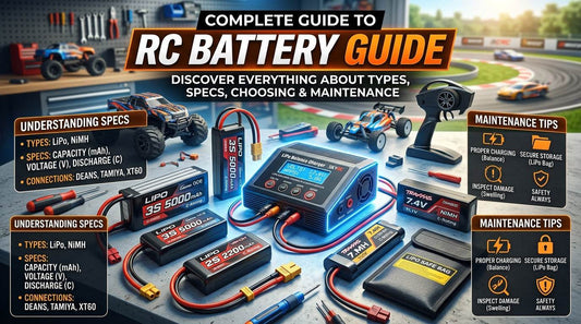 RC Batteries including LiPo and NiMH types in various capacities and voltages with chargers, connectors, and maintenance tools