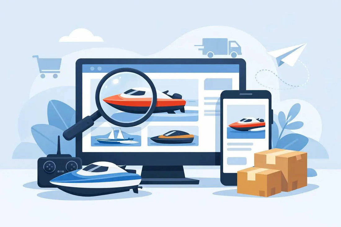RC boat online shopping illustration featuring colorful speedboats on a computer and phone beside a remote and parcels