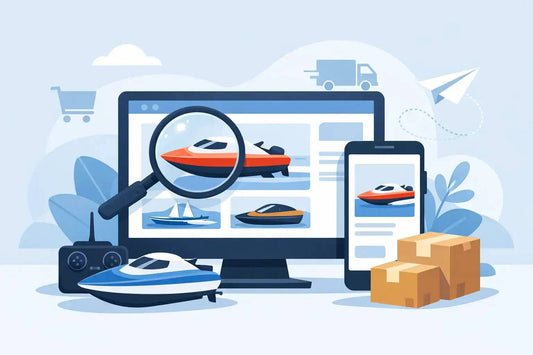 RC boat online shopping illustration featuring colorful speedboats on a computer and phone beside a remote and parcels