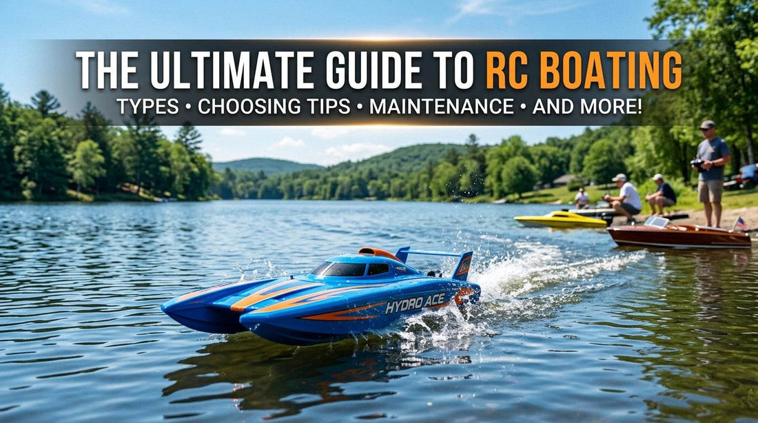 RC boats in blue and orange Hydro Ace racing model featuring sleek design moving swiftly on water with people controlling them in background