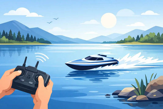 RC boats for lakes featuring a white and blue remote-controlled speedboat racing over calm blue lake water with a handheld black controller