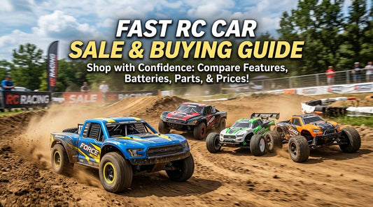 RC Cars featuring colourful off-road trucks racing on a dirt track, with blue, red, green, and orange bodies