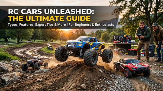 RC Cars with three off-road remote-controlled trucks in blue, red and black racing over dirt terrain with two men controlling them