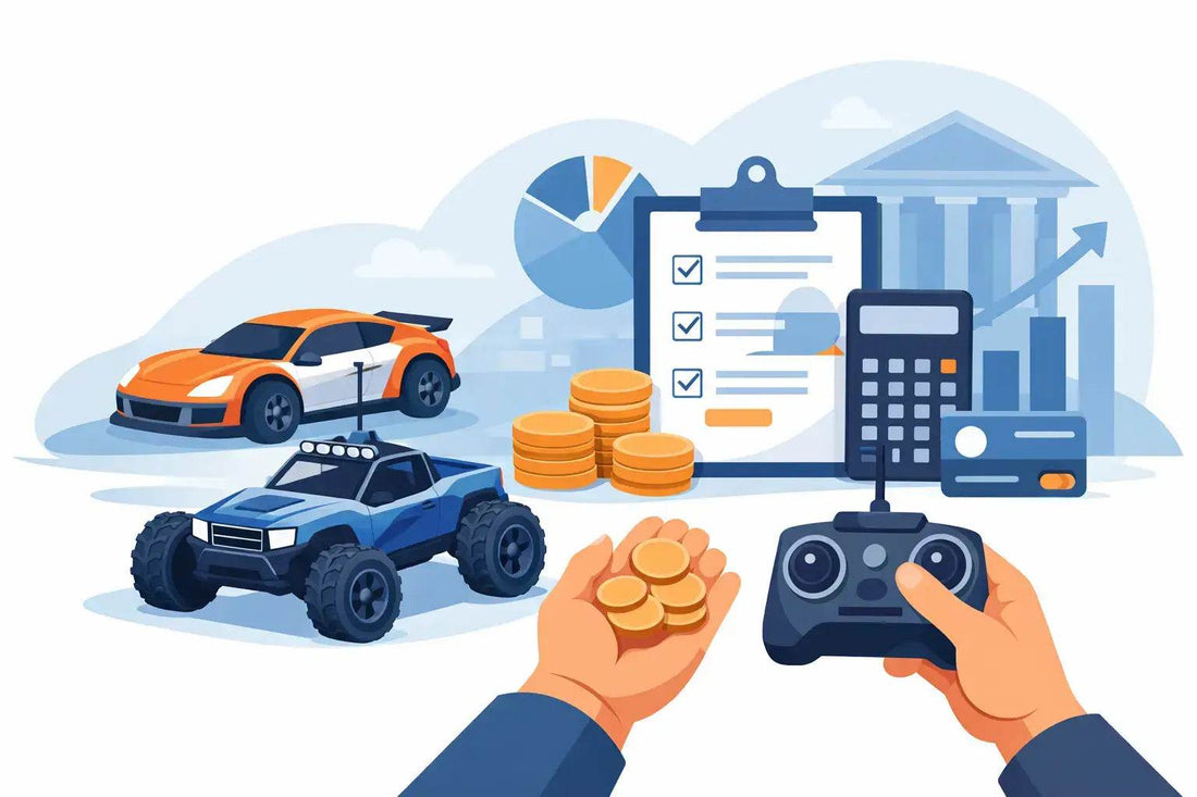 Illustration of two RC cars, one orange and one blue, with coins, a checklist, calculator, credit card, and remote controller held by hands representing RC cars payment plans