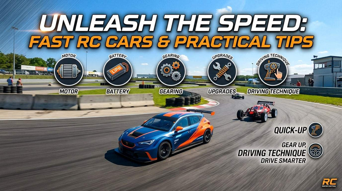 RC Cars racing graphic with a blue and orange sports car, red off-road buggy, and motor, battery, gearing, and upgrade icons