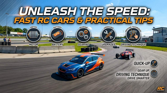 RC Cars racing graphic with a blue and orange sports car, red off-road buggy, and motor, battery, gearing, and upgrade icons