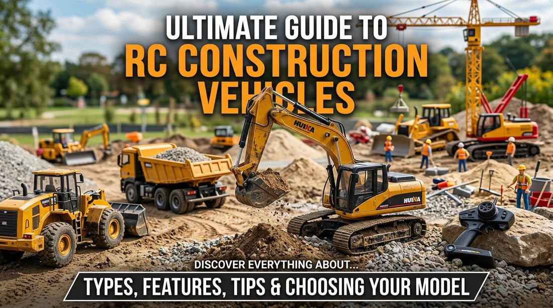 RC Construction toys featuring detailed yellow excavator, dump truck, bulldozer, and crane models with remote controls on rocky terrain