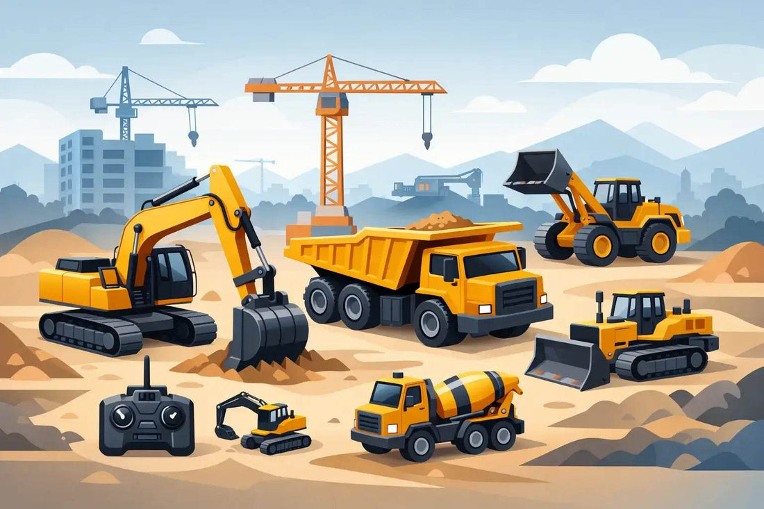 Various yellow and black RC construction vehicles including excavator, dump truck, loader, bulldozer, and cement mixer with a remote controller