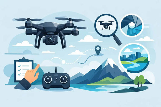 RC drone with camera shown as a dark quadcopter with a front-mounted camera, controller, and illustrated flight-planning icons