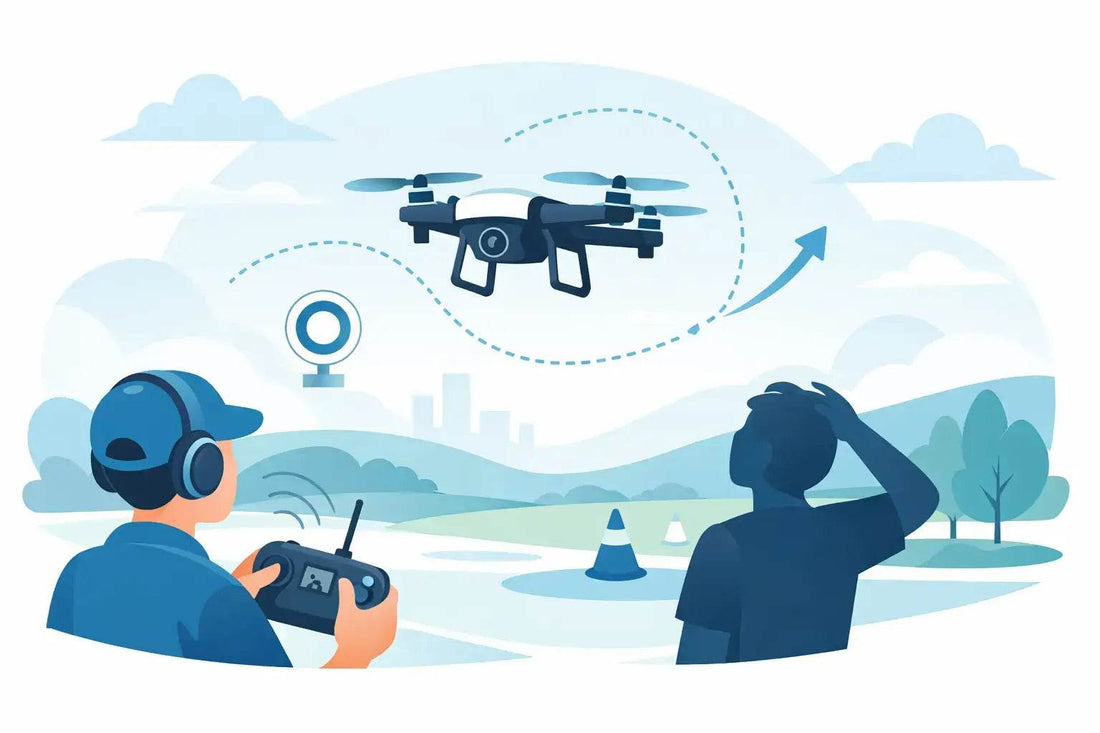 Black and white quadcopter drone flying with controller in hand, illustrating concept of RC drones hard to fly