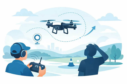 Black and white quadcopter drone flying with controller in hand, illustrating concept of RC drones hard to fly