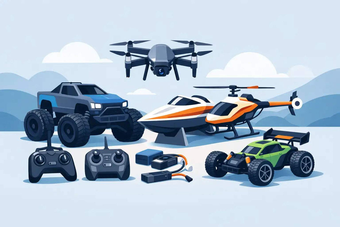 Collection of RC Gifts for Dads including a blue off-road truck, green buggy car, orange and white speedboat, orange and black helicopter, black drone, and remote controllers