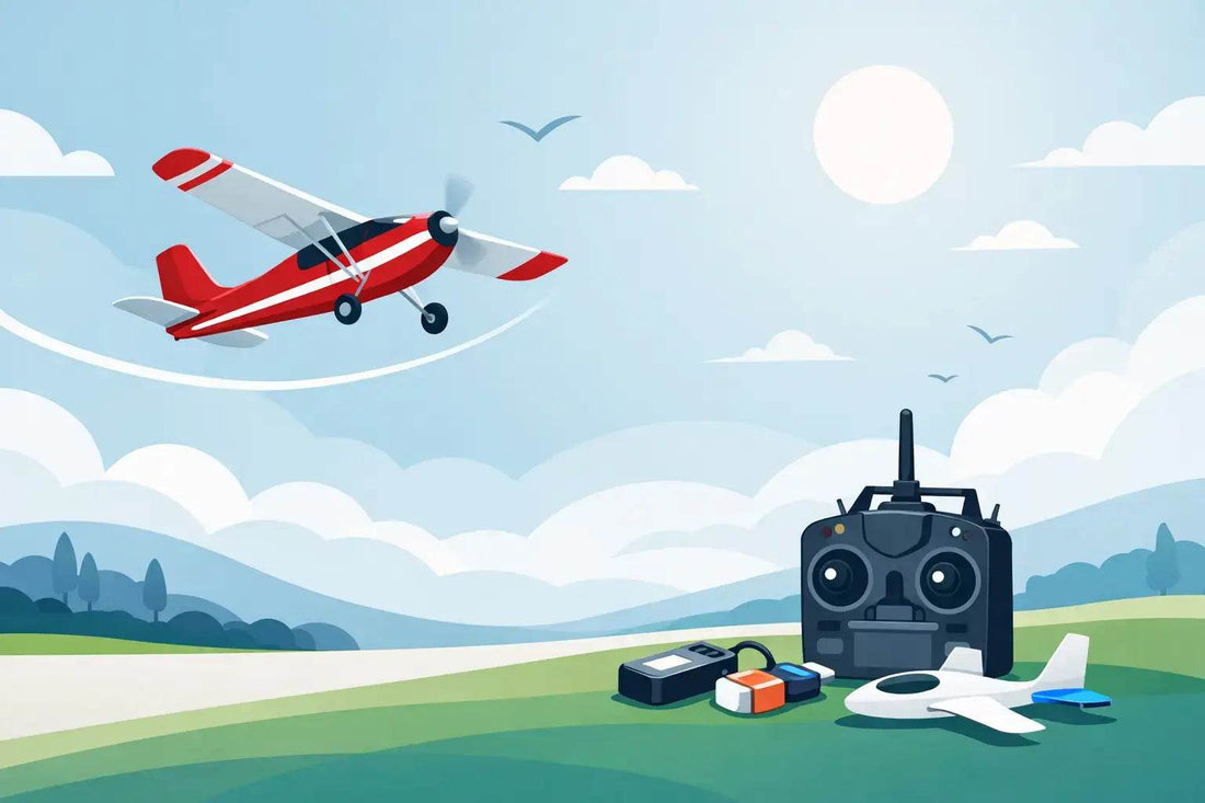 RC Plane for Beginners shown as a red-and-white high-wing model with fixed landing gear, beside a black controller