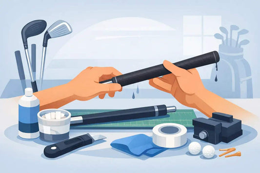 Regrip Golf Clubs process showing hands sliding a black golf club grip with tools like grip tape, solvent, knife, and golf balls on table