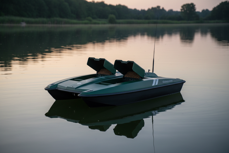 GPS bait boats for fishing on calm water at sunset, showcasing smart fishing technology.