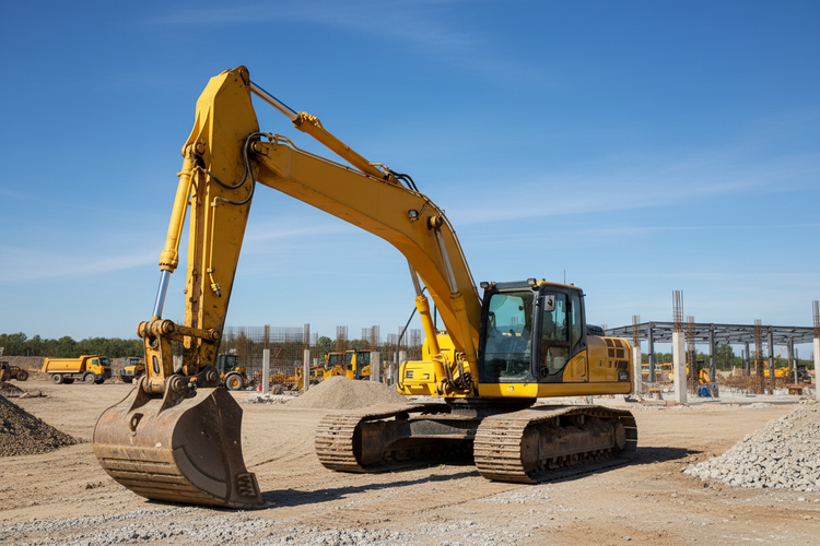 Construction vehicles RC toys - realistic yellow excavator at a construction site with gravel.