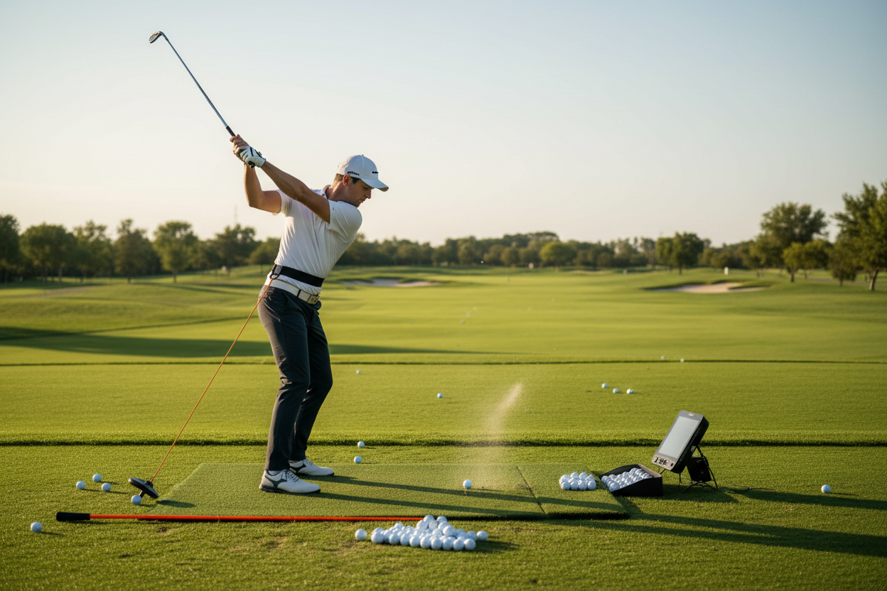 Golfer using practice aids to enhance skills on the golf course, illustrating Elevate Your Game collection.