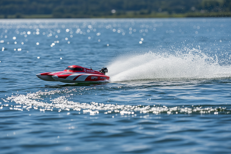 A high-speed premium RC boat for pool and lake racing gliding over water, showcasing performance and stability.