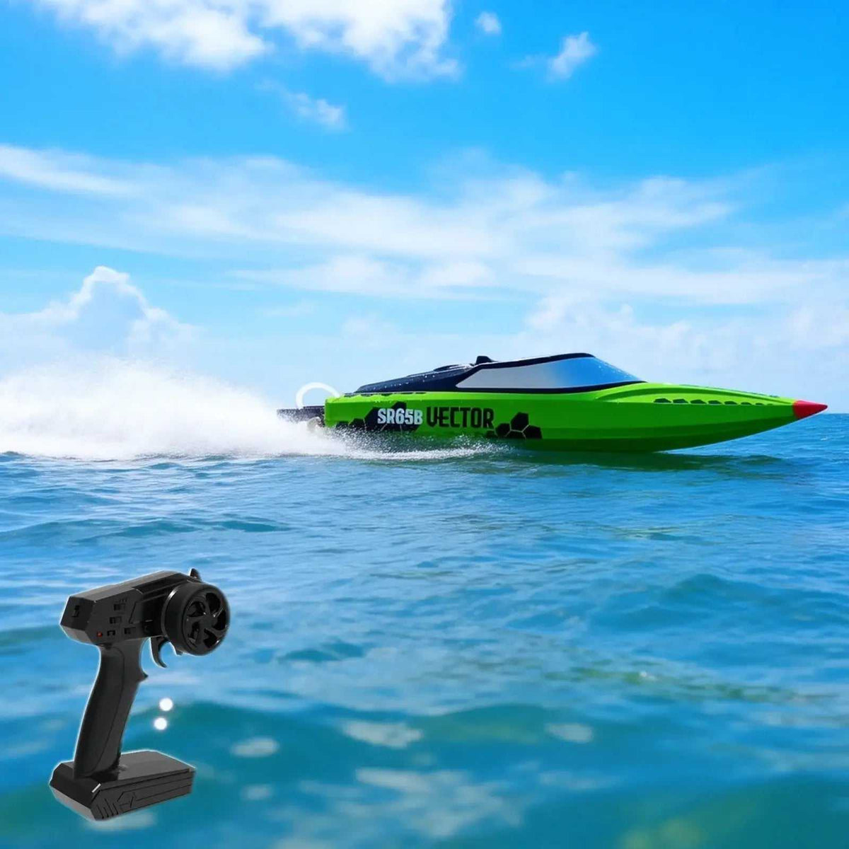 RC Boats bright green high-speed model with sleek design and black and blue accents moving on water with black remote control