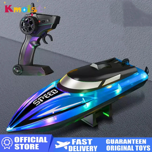 2.4G Remote Control Boat in blue and black plastic with LED lights and a handheld black remote control transmitter