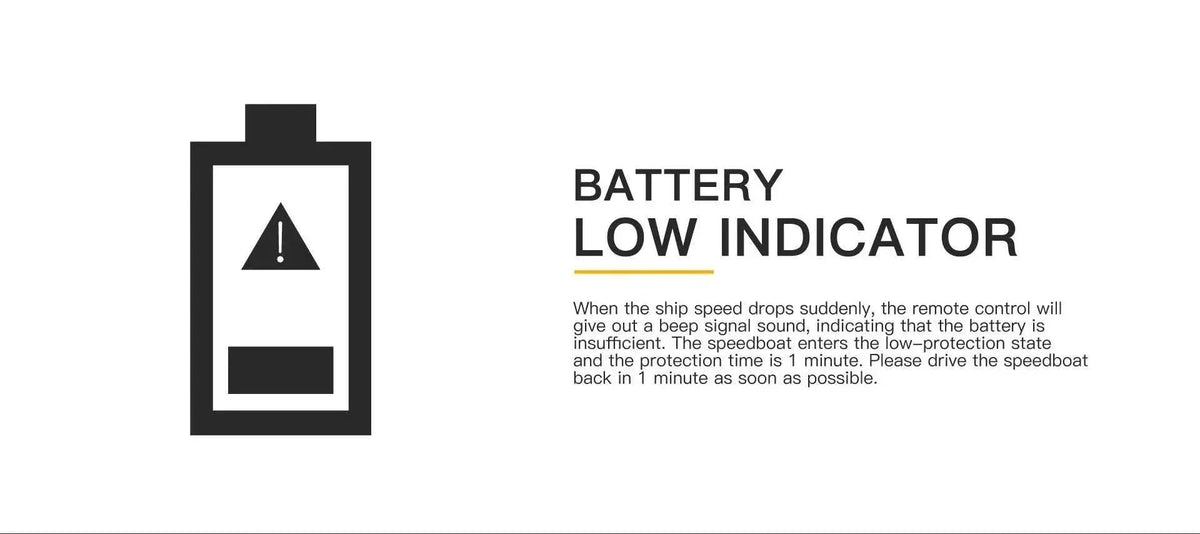 Battery low indicator warning graphic with caution symbol and explanatory text about speedboat battery protection